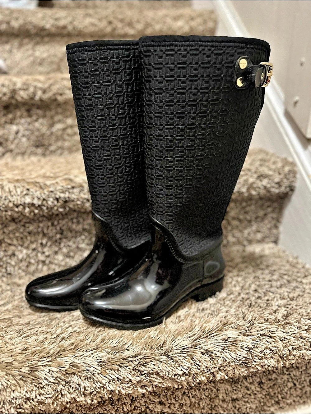 Tommy Hilfiger Black Raised Monogrammed Kneehigh Rubber Rain Boots Rain Boots